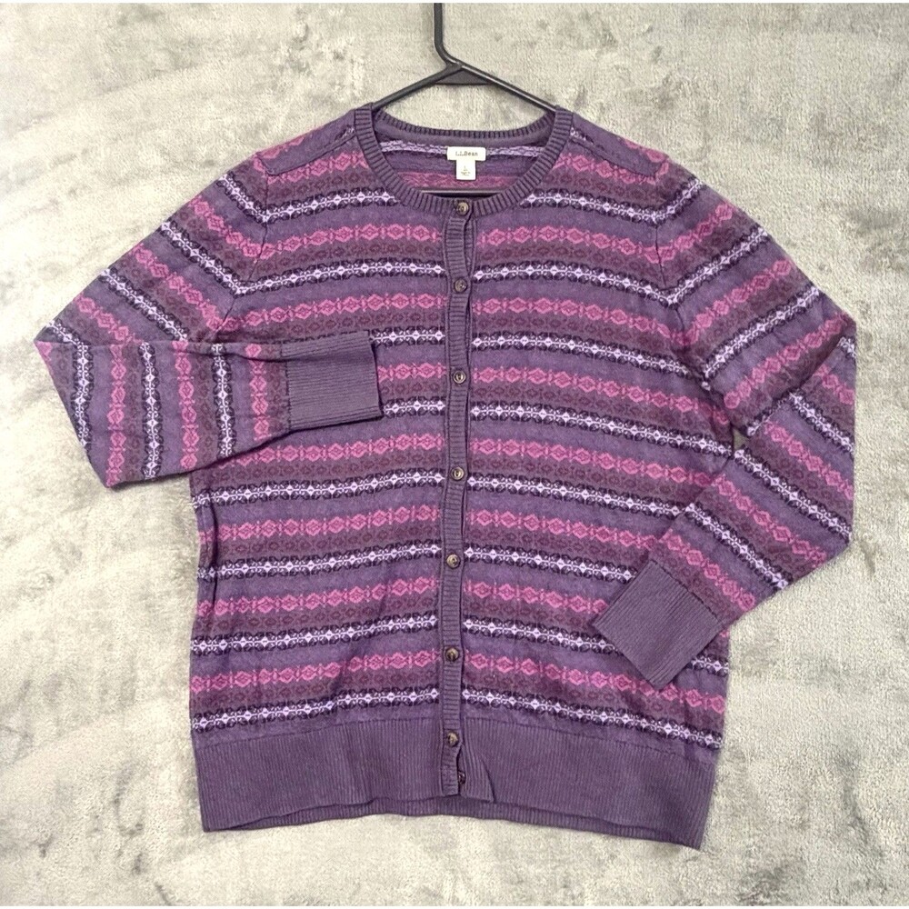 L.L.Bean Sweater Womens Size‎ L Purple Pink Cardigan Fair Isle Button Front Cozy